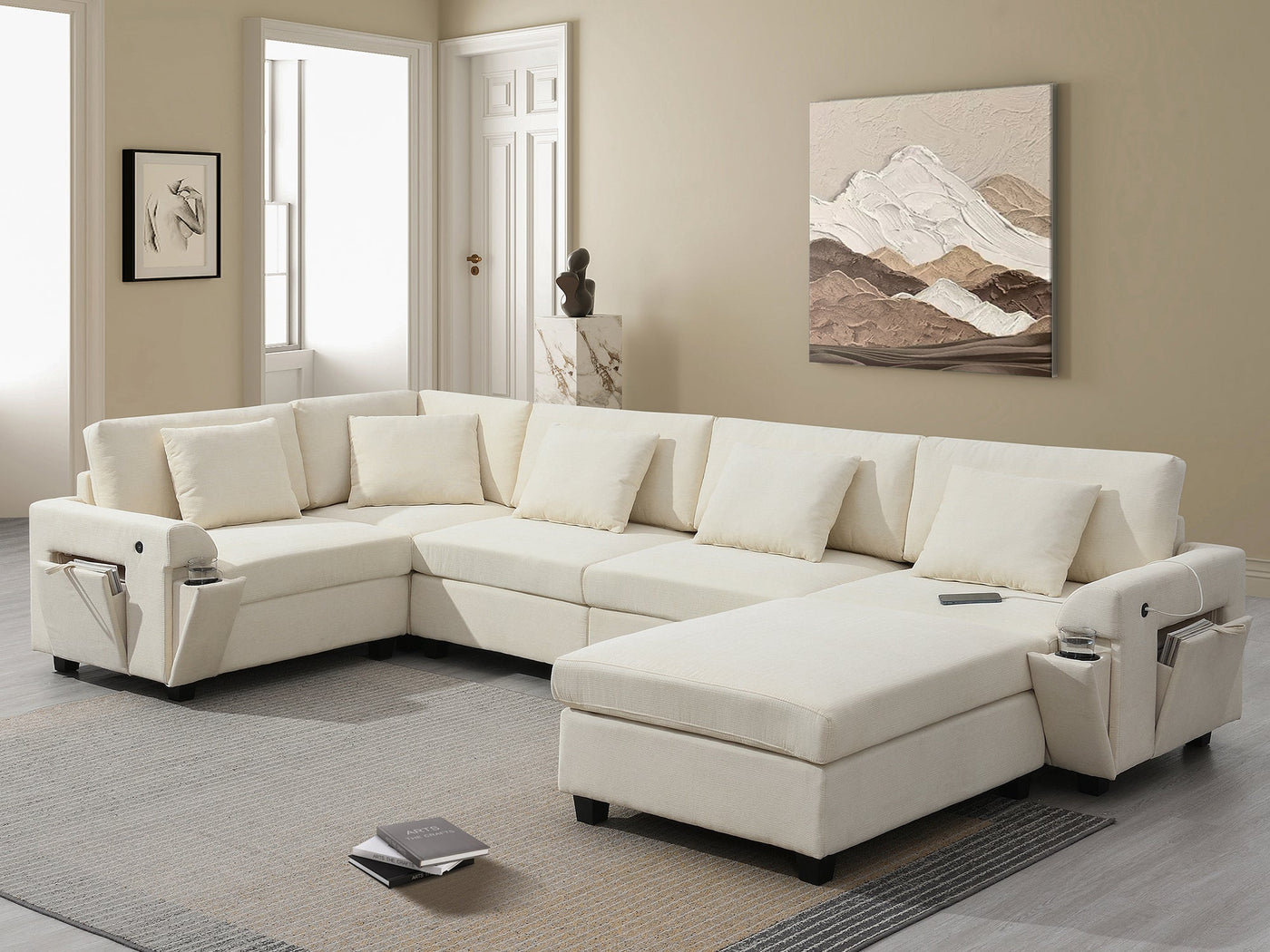 Chenille U Shaped Sectional Sofa with Ottoman, Storage, Cup Holders, and USB Ports, Off White, 128*67'