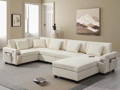 Chenille U Shaped Sectional Sofa with Ottoman, Storage, Cup Holders, and USB Ports, Off White, 128*67'