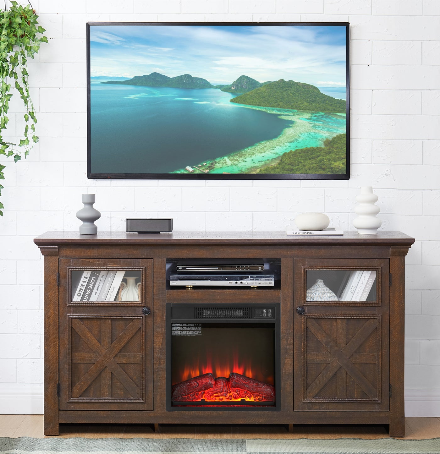 2 Doors Cabinet Farmhouse  Cabinet, Farmhouse TV Stand Barn Design,Farmhouse TV Media Stand, Large Barn Inspired Home Entertainment Console with 18' fireplace insert,Espresso,60.23'W*15.35'D*31.7'H