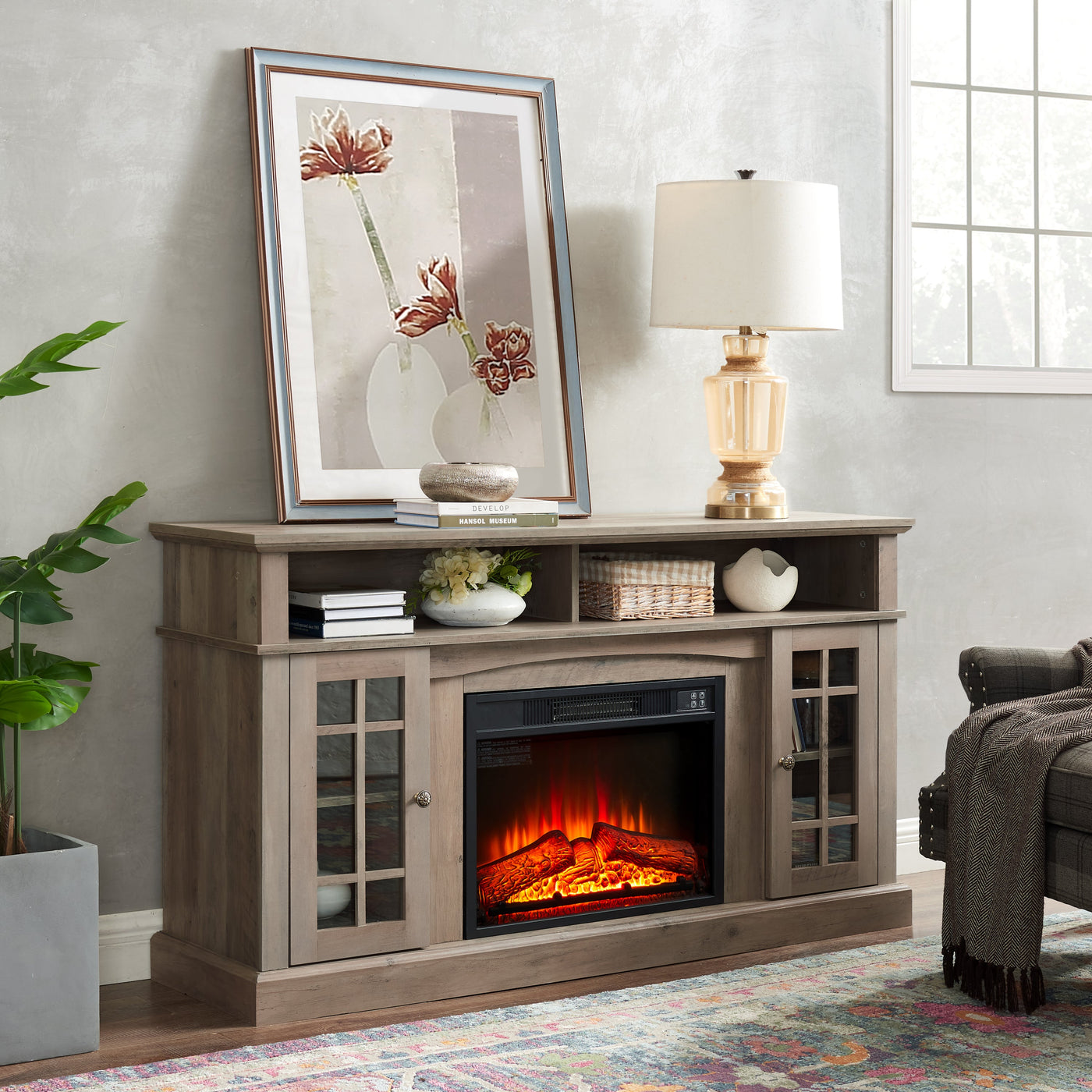 Classic TV Media Stand Modern Entertainment Console with 23' Fireplace Inset for TV Up to 65' with Open and Closed Storage Space, Gray Wash, 58.25'W*15.75'D*32'H