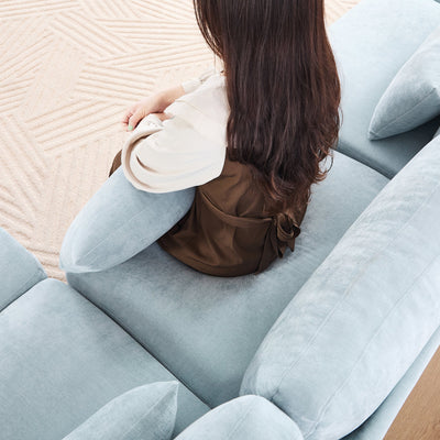 Stylish Four-Seater Sofa with Movable Ottoman in Sky Blue Chenille Fabric with Ergonomic Design
