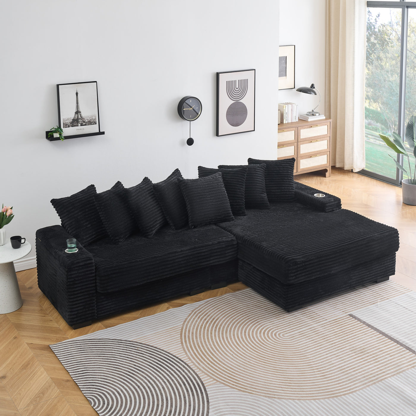 111.4 ' Black corduroy sofa, armrest with cup holder and storage function, recliner can be changed left and right, suitable for living room bedroom lounge area