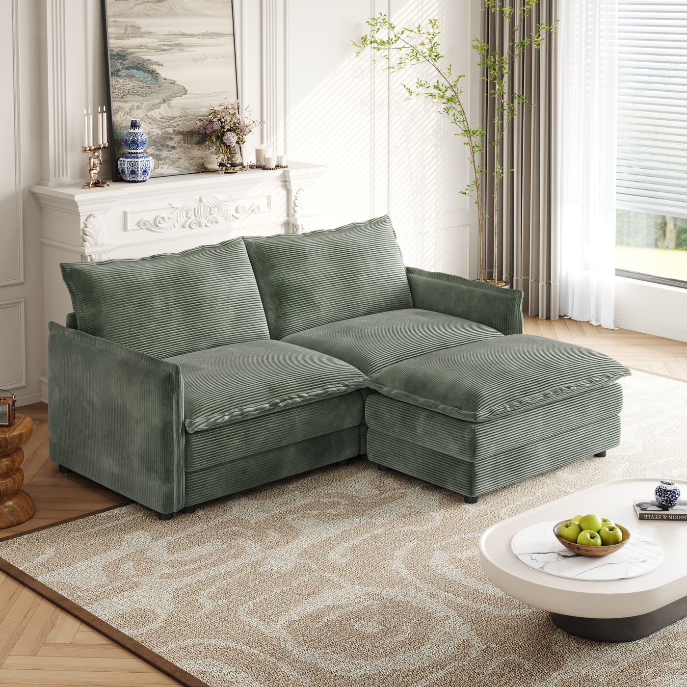 Corduroy Fabric Loveseat Sofa Couch with 1 Footrest for Living Room,2 Seater L-Shaped Sectional with Ottoman, Upholstered Large Size Deep Seat 2-Seat Sofa with 2 cushions