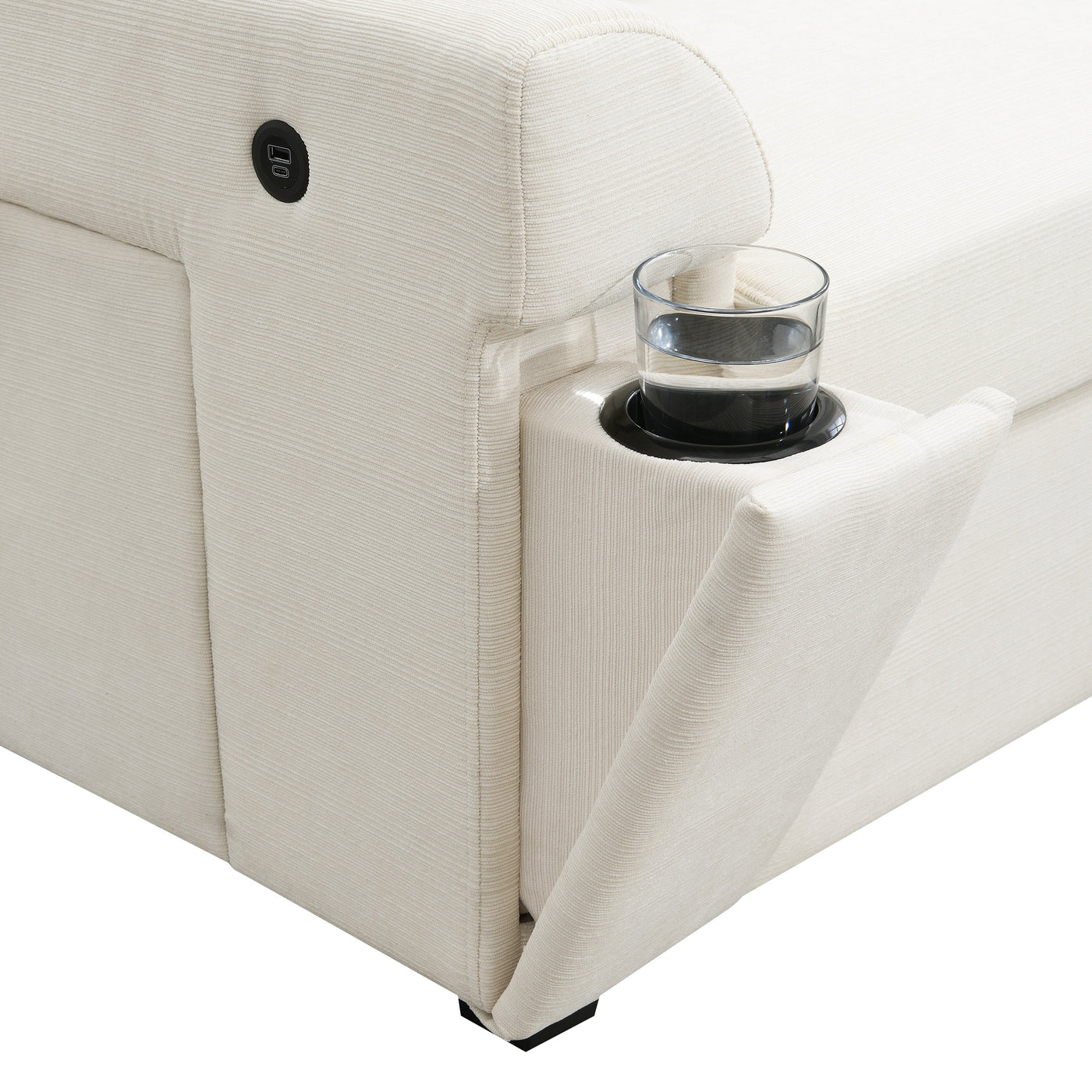 Chenille U Shaped Sectional Sofa with Ottoman, Storage, Cup Holders, and USB Ports, Off White, 128*67'