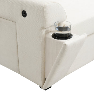 Chenille U Shaped Sectional Sofa with Ottoman, Storage, Cup Holders, and USB Ports, Off White, 128*67'