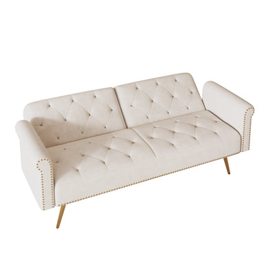 Luxurious Velvet Sofa Bed with Nail Head Trim and Matching Pillow in Beige, 69.7-Inch