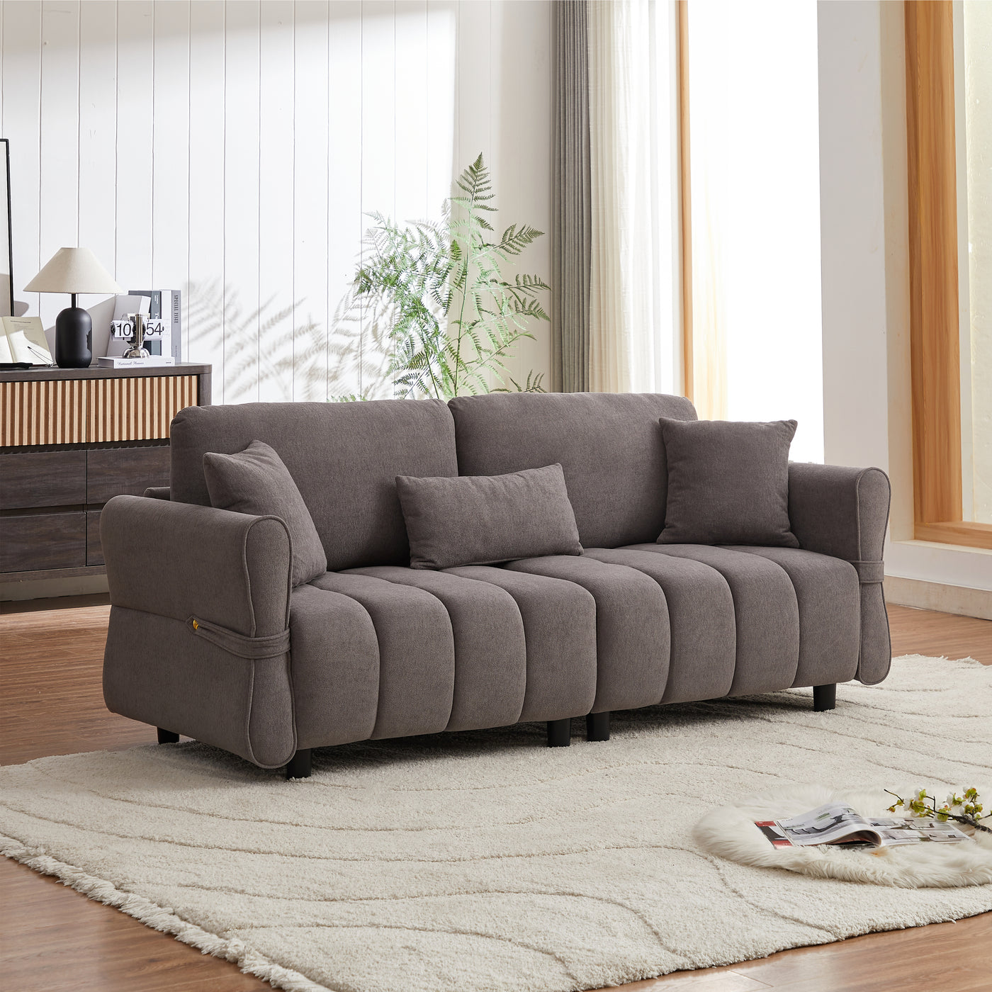 80''Premium chenille fabric sofa with 2 cushions and 1 lumbar pillow Armrest strap design,,upholstered 3-seater sofa  for living rooms, bedrooms,apartments and offices Grey