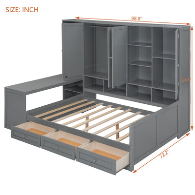 Full Size Wooden Daybed With Three Drawers, and All-in-One Cabinet, Desk and Shelves, Gray