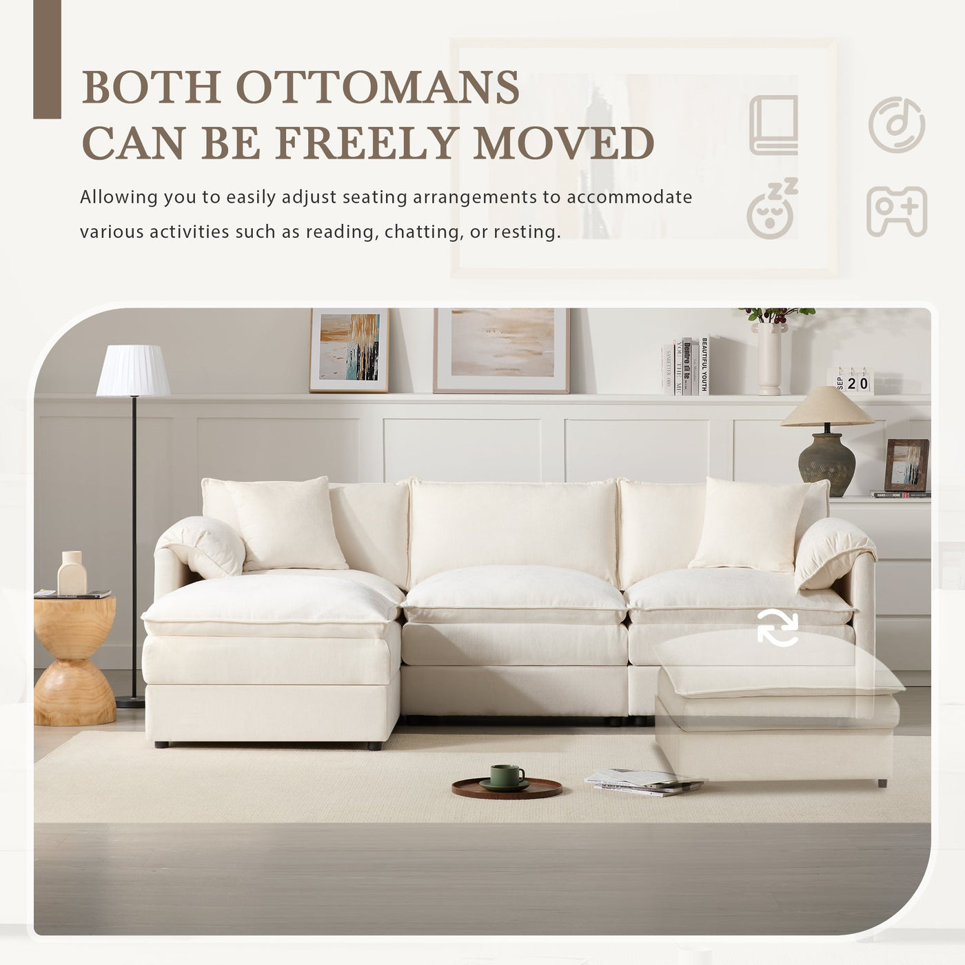 Chenille Modular Sectional Sofa with Deep Seat and Movable Ottoman in Cream
