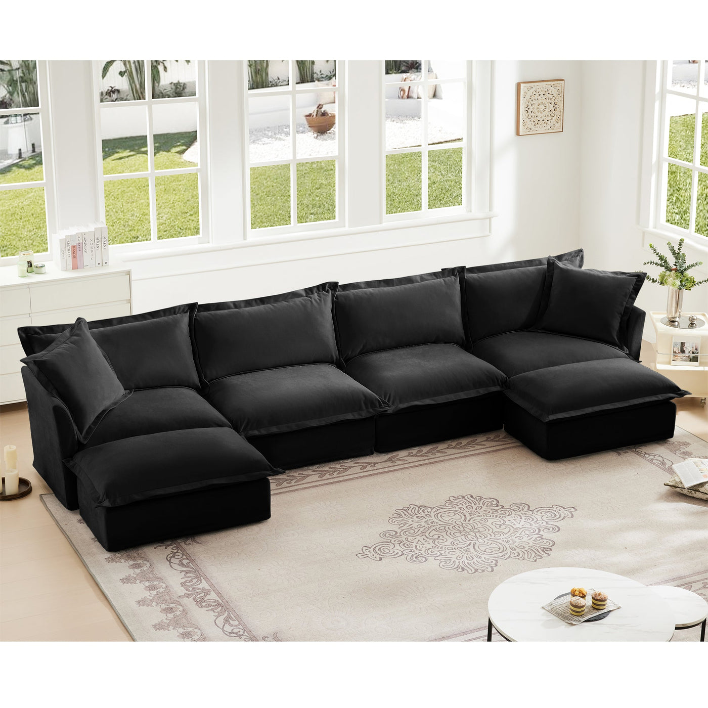 Slipcovered U Shape Sectional Wide and Deep Seat Sofa Couch, 4 Seater Sofa with French Edges Design Multiple Big Pillows, Soft Deep Seat Comfy Cloud Couch for Living Room, Apartment, Chenille Fabric