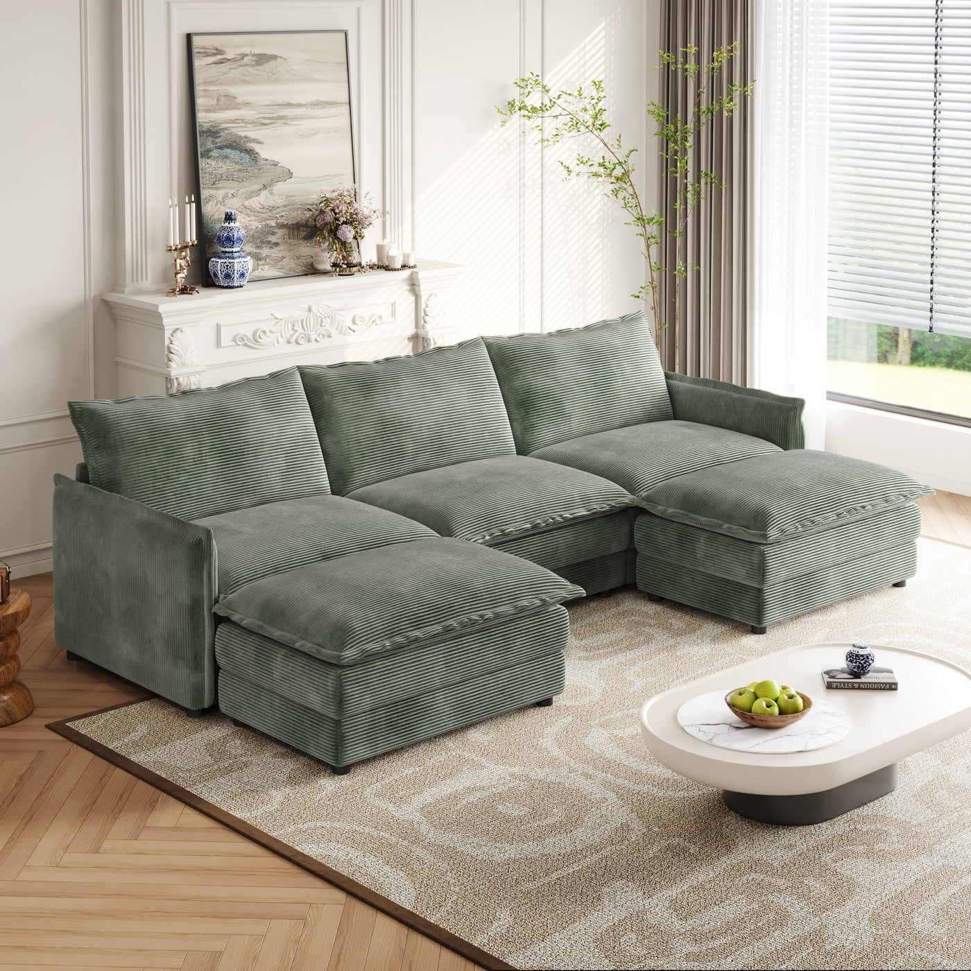 Corduroy Fabric 3-Seater Comfy Cloud Couch with 2 Movable Footrest for Living Room,Oversized Deep Seat U Shaped Couch Set, Upholstered Large Size Deep Seat 2-Seat Sofa with 3 cushions