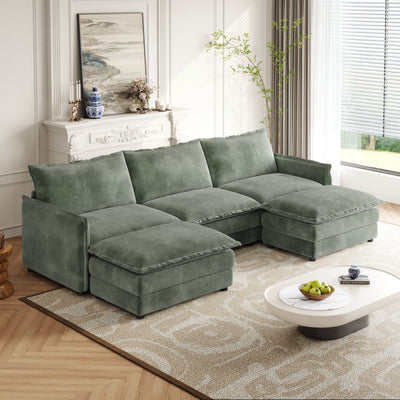 Corduroy Fabric 3-Seater Comfy Cloud Couch with 2 Movable Footrest for Living Room,Oversized Deep Seat U Shaped Couch Set, Upholstered Large Size Deep Seat 2-Seat Sofa with 3 cushions