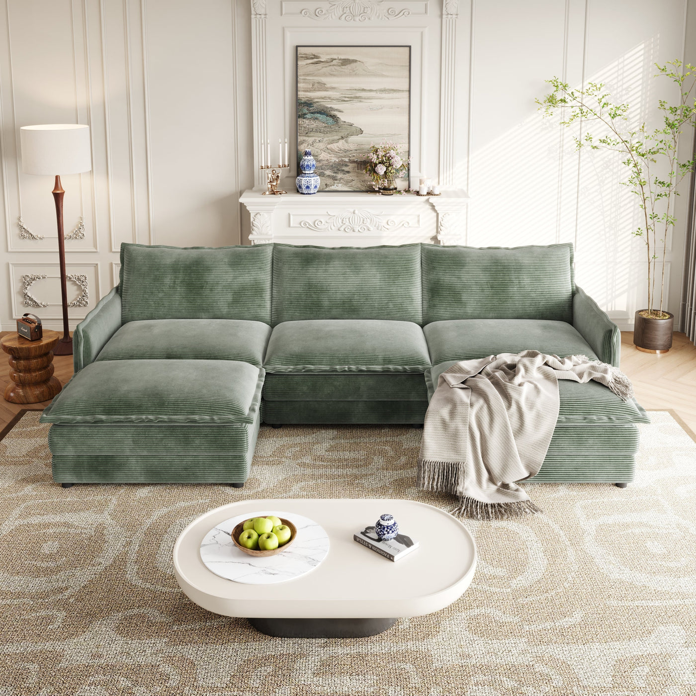Corduroy Fabric 3-Seater Comfy Cloud Couch with 2 Movable Footrest for Living Room,Oversized Deep Seat U Shaped Couch Set, Upholstered Large Size Deep Seat 2-Seat Sofa with 3 cushions