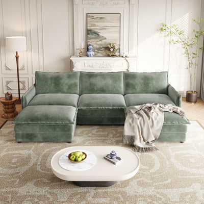 Corduroy Fabric 3-Seater Comfy Cloud Couch with 2 Movable Footrest for Living Room,Oversized Deep Seat U Shaped Couch Set, Upholstered Large Size Deep Seat 2-Seat Sofa with 3 cushions