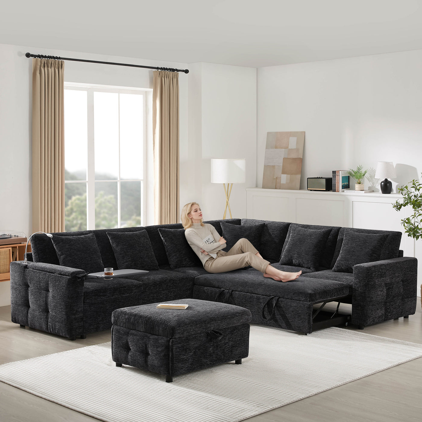117*90'' Modular Sectional Pull-out Sofa Bed with Flip-up Table Panel, Reading Lamp, Charging Ports, Storage Ottoman, Tufted Design, 6 Pillows, Oversize & Free Combination, Chenille, 2 colors