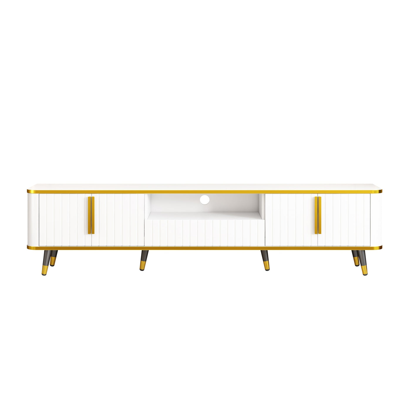 ON-TREND Luxury Minimalism TV Stand with Open Storage Shelf for TVs Up to 85', Entertainment Center with Cabinets and Drawers, Practical Media Console with Unique Legs for Living Room, White