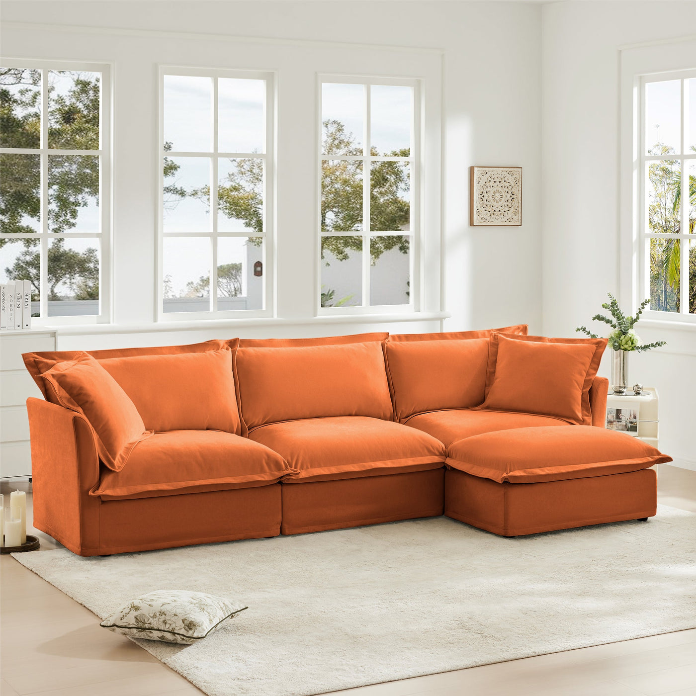 L-Shaped Slipcovered Sectional Sofa Couch, Comfy Chenille Deep Seat Cloud Couch with Convertible Ottoman & 2 Big Pillows, Modern Oversized 3 Seater Slipcovered Sofa Set for Living Room Office, Orange
