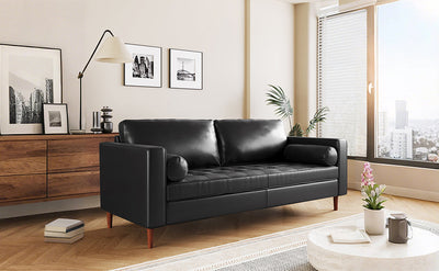 Mirod Mid-Century Modern PU Leather 3-Seat Sofa, Tufted Design, Solid Wood Legs, 2 Bolster Pillows, Comfortable Couch for Living Room & Home Office