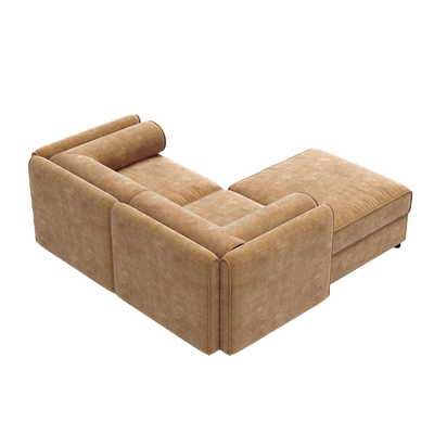 Modern Stylish Camel Chenille 2-Seater Sofa with Ottoman Storage and Cylindrical Backrest