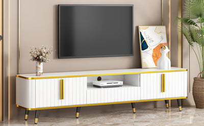 ON-TREND Luxury Minimalism TV Stand with Open Storage Shelf for TVs Up to 85', Entertainment Center with Cabinets and Drawers, Practical Media Console with Unique Legs for Living Room, White