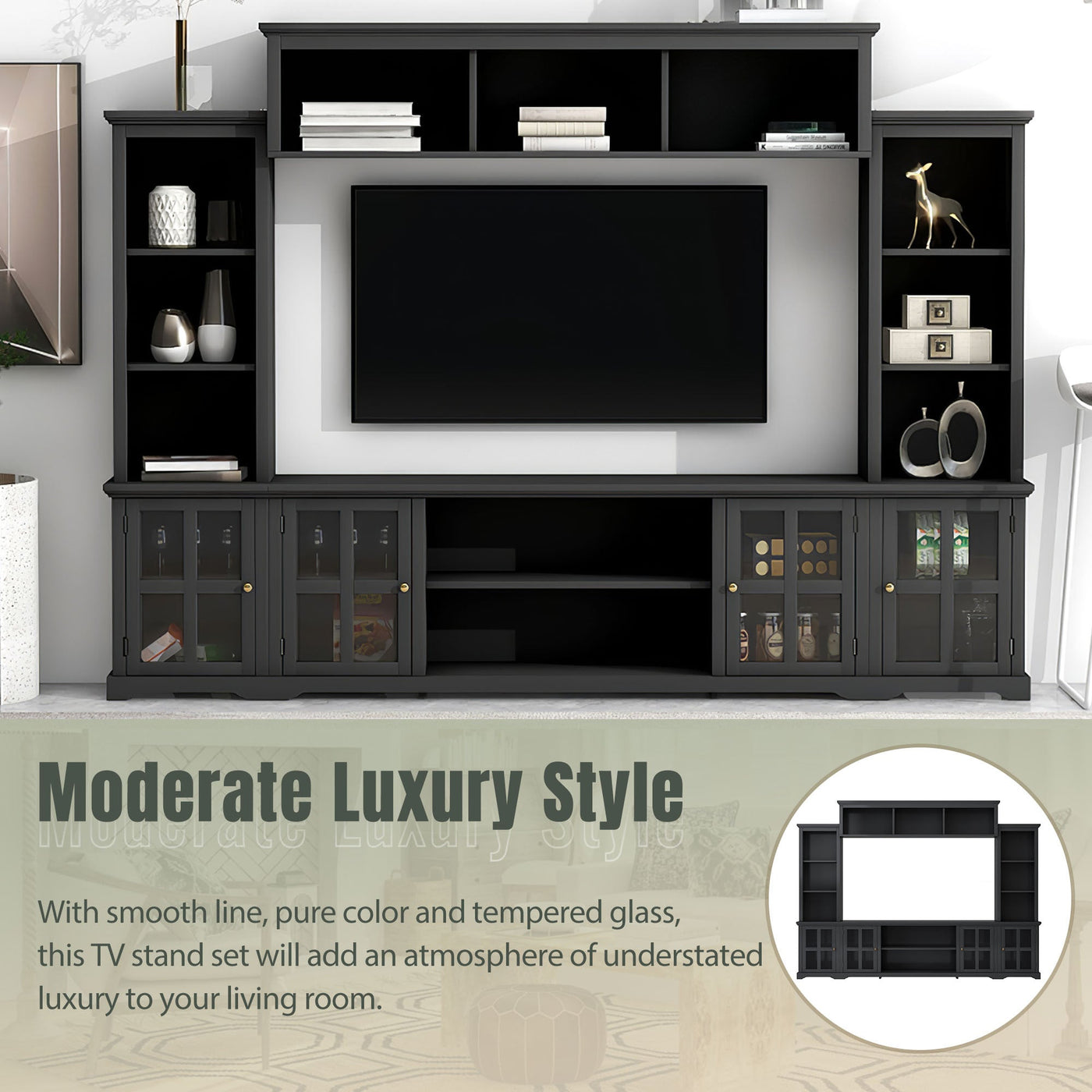 [VIDEO provided] ON-TREND Minimalism Entertainment Wall Unit with Bridge, Modern TV Console Table for TVs Up to 70', Multifunctional TV Stand with Tempered Glass Door, Black (Old SKU: SD000009AAB)