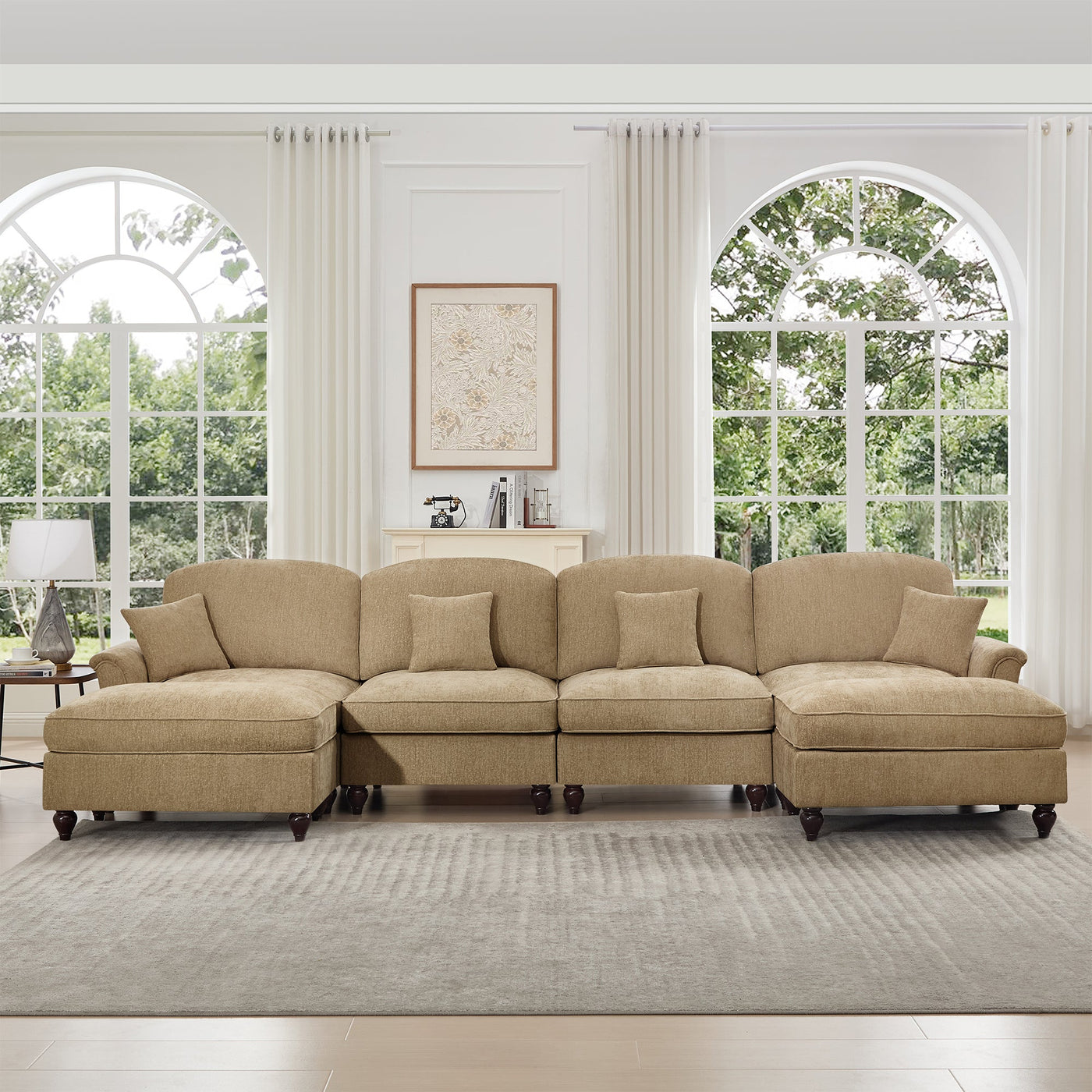 Classic U Shape 4 Seater Modular Sectional Sofa Couch with Flared Arms and Removable Ruffles Pleats Skirts and Spindle Legs, Chenille Deep Seat Cloud Sofa with Movable Ottomans, Light Coffee