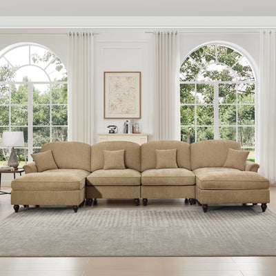 Classic U Shape 4 Seater Modular Sectional Sofa Couch with Flared Arms and Removable Ruffles Pleats Skirts and Spindle Legs, Chenille Deep Seat Cloud Sofa with Movable Ottomans, Light Coffee
