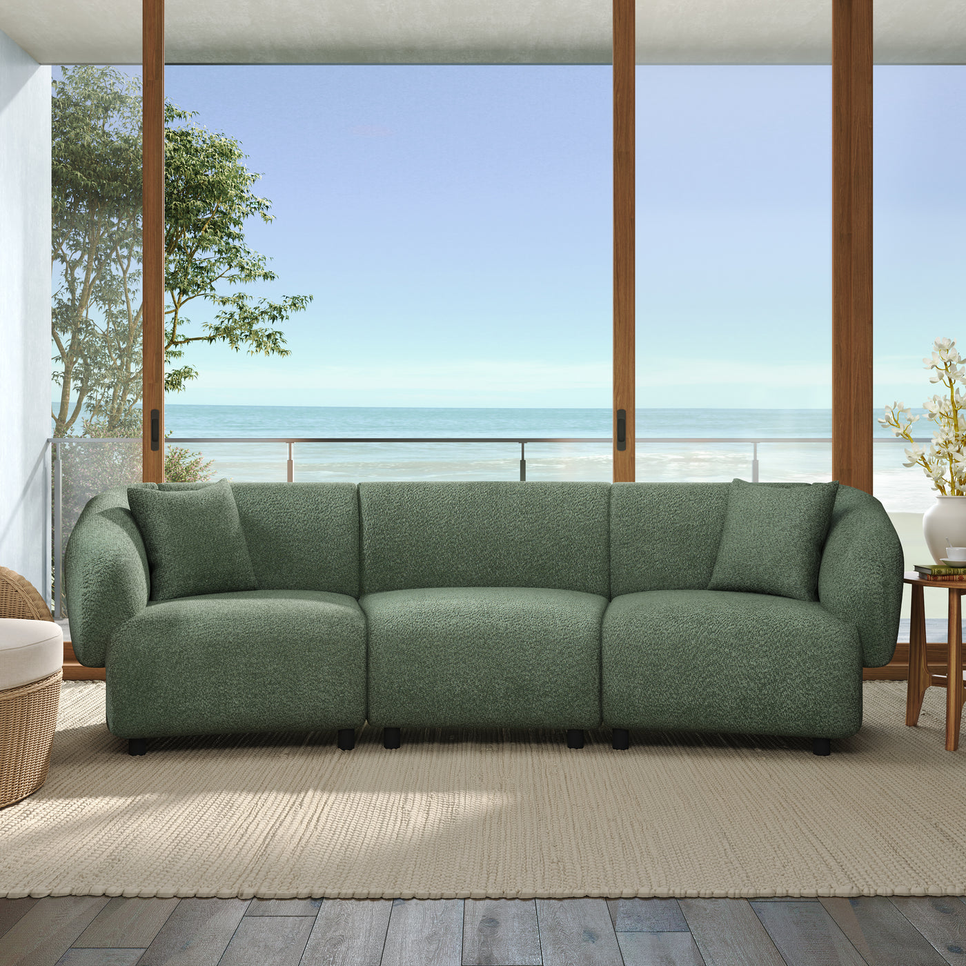 98.5 ' Curved Designed Contemporary 3-Seater Sofa in Green: Plush Seating, Streamlined Design, and Durable Frame – Ideal for Stylish Living Spaces