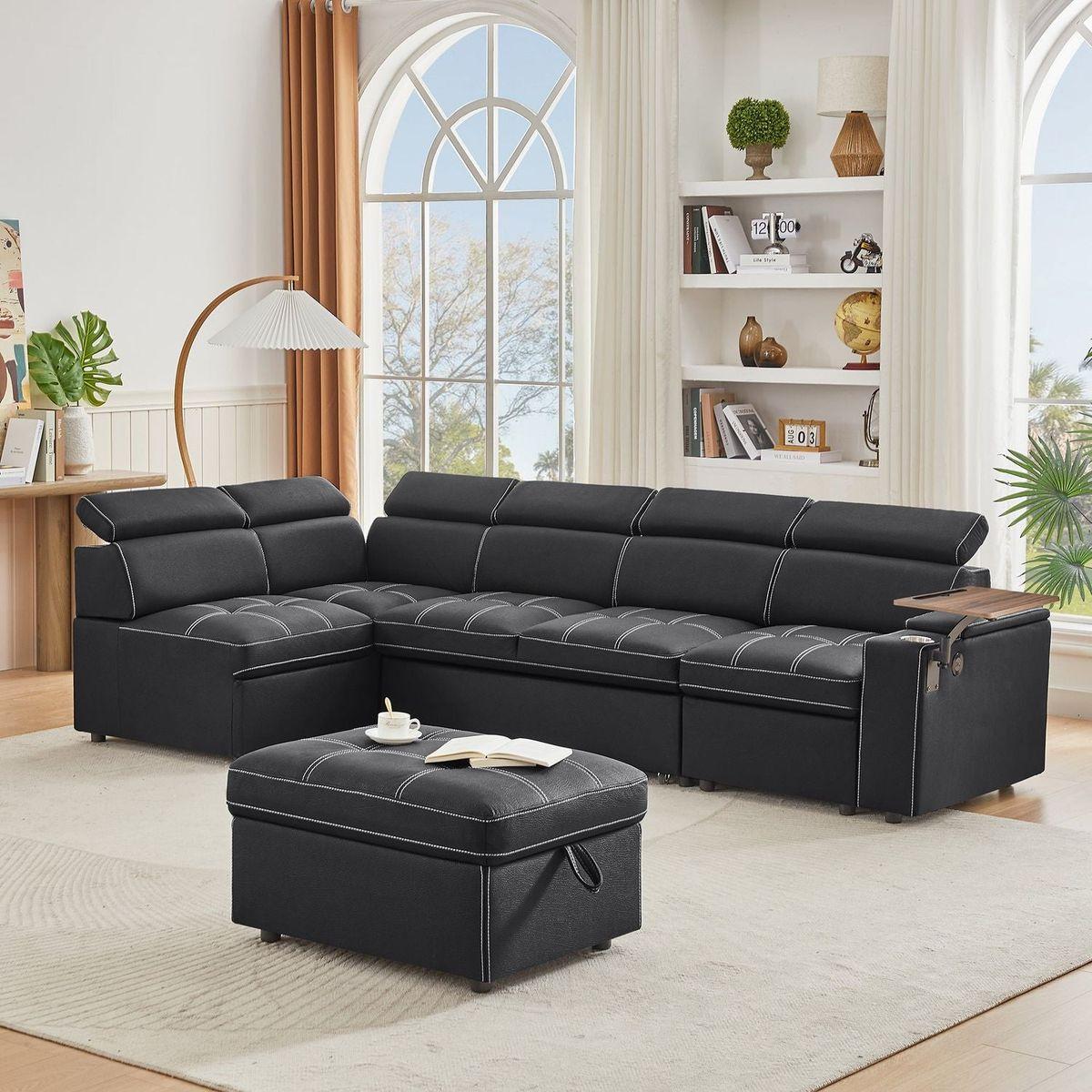 Black Fabric Sectional Sofa with Storage Ottoman