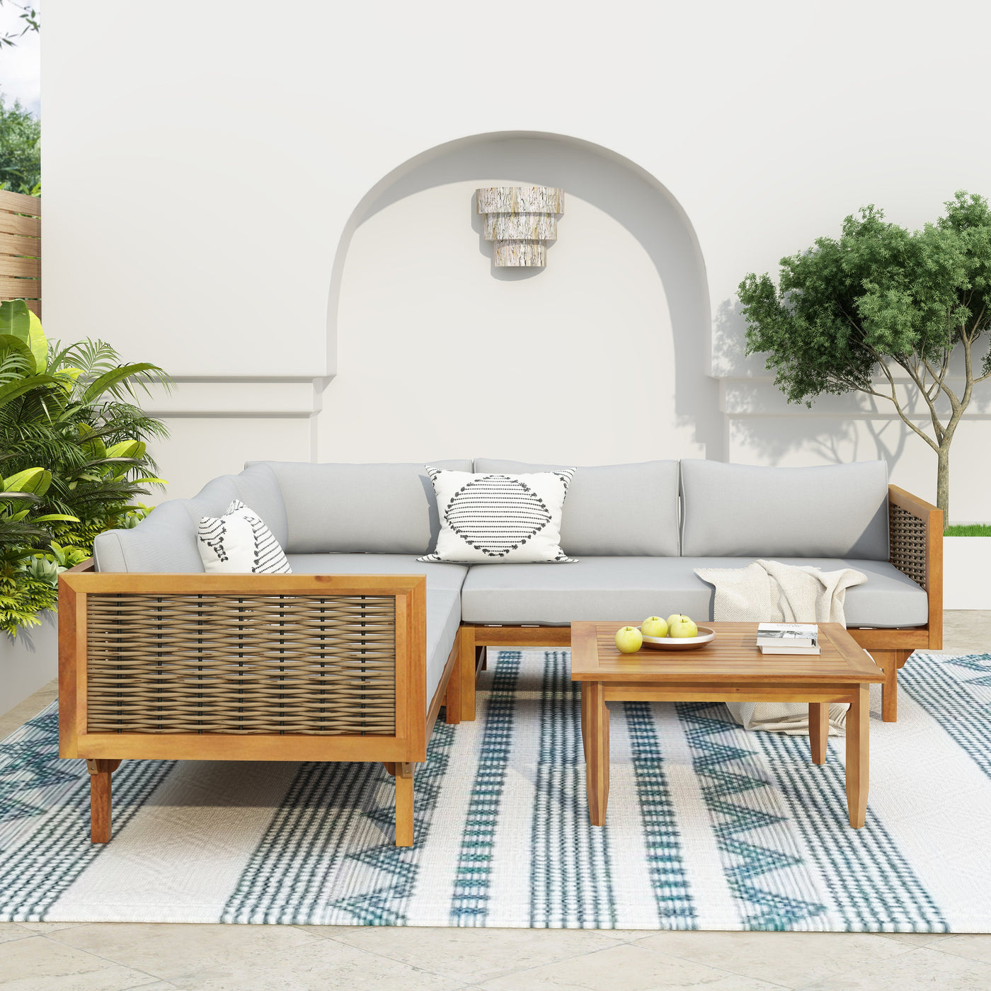 SECTIONAL SEATING GROUP WITH WATERPROOF CUSHIONS - PREMIUM OUTDOOR SOFA SET(LIGHT GRAY CUSHION)