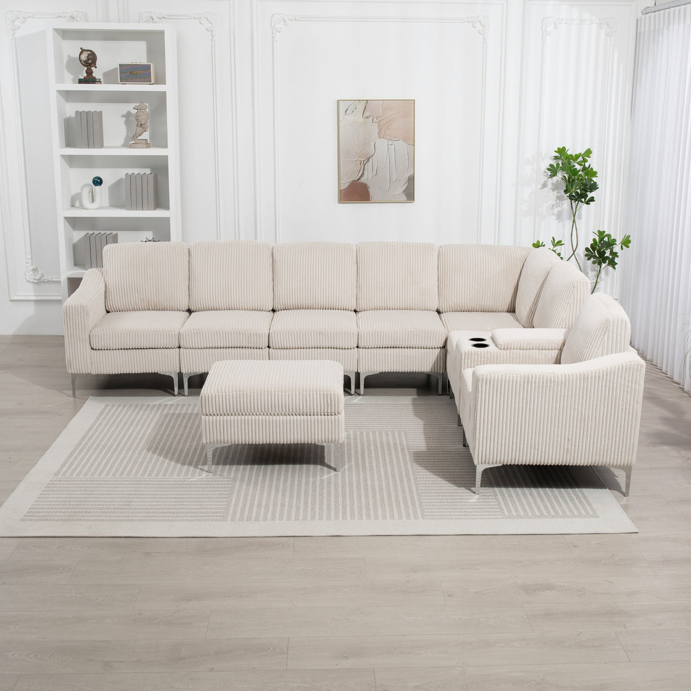 Convertible Sectional Corduroy  Sofa with Storage Ottoman,Cupholders, USB Ports for Living Room Apartment,Beige
