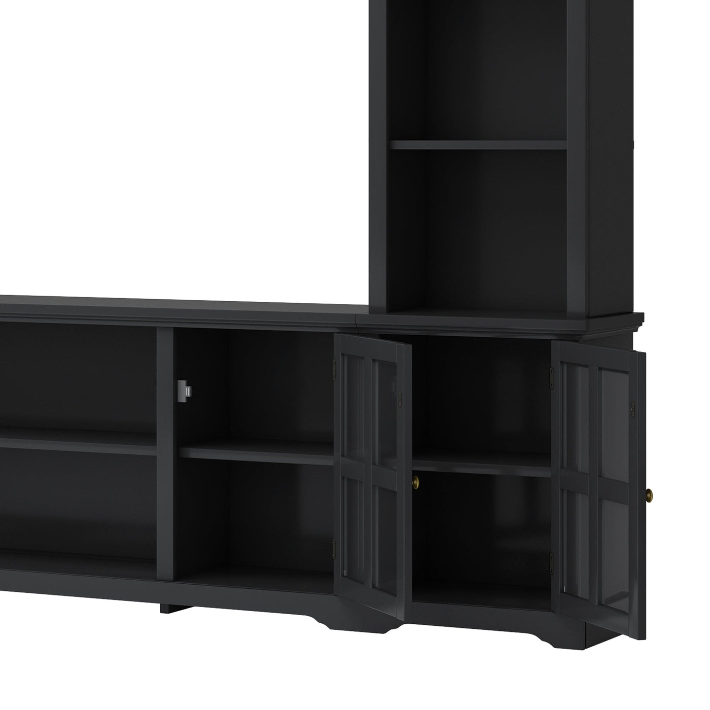 [VIDEO provided] ON-TREND Minimalism Entertainment Wall Unit with Bridge, Modern TV Console Table for TVs Up to 70', Multifunctional TV Stand with Tempered Glass Door, Black (Old SKU: SD000009AAB)