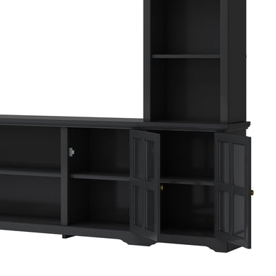 [VIDEO provided] ON-TREND Minimalism Entertainment Wall Unit with Bridge, Modern TV Console Table for TVs Up to 70', Multifunctional TV Stand with Tempered Glass Door, Black (Old SKU: SD000009AAB)