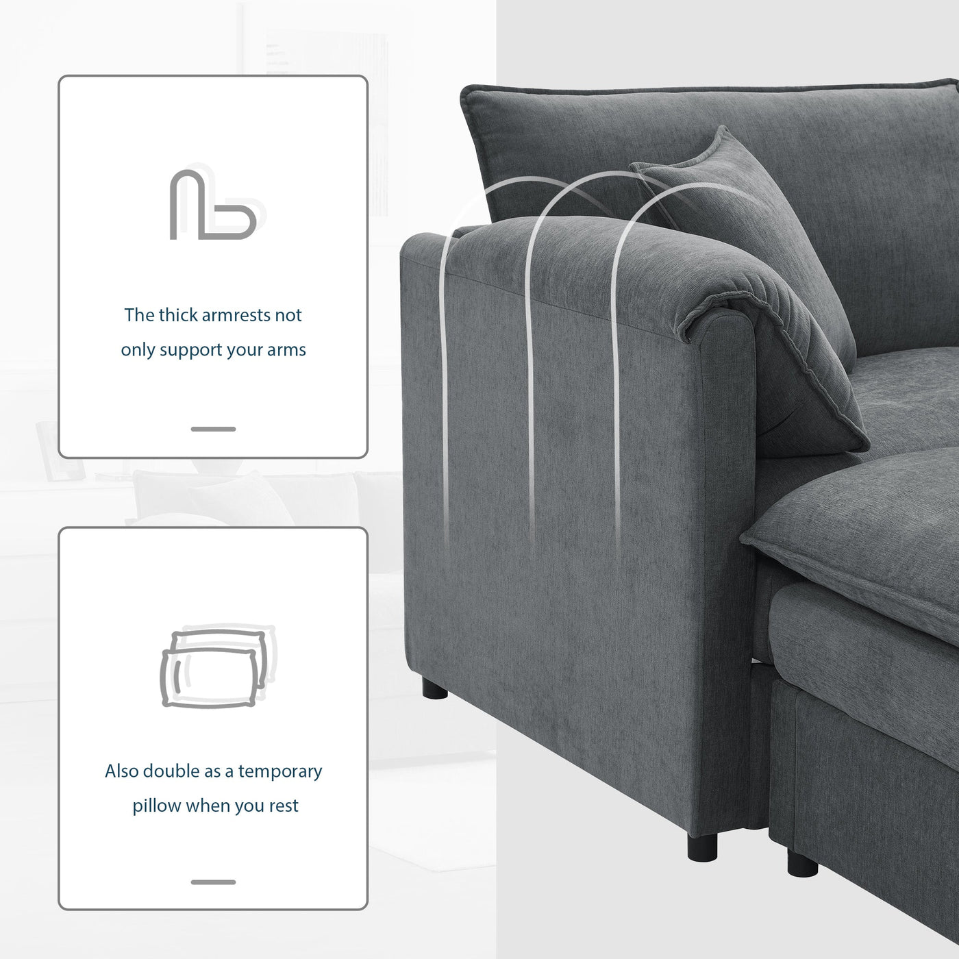 Chenille Modular Sectional Sofa with Deep and Wide Seat in Dark Gray, L Shaped Cloud Couch Set with Double Cushions, 4 Seat Sofa with Movable Ottoman