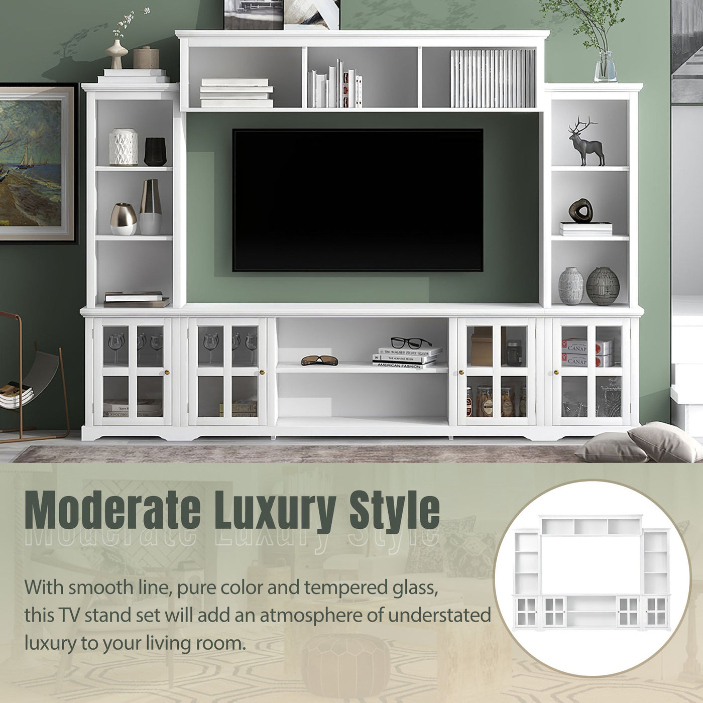 [VIDEO provided] ON-TREND Minimalism Entertainment Wall Unit with Bridge, Modern TV Console Table for TVs Up to 70', Multifunctional TV Stand with Tempered Glass Door, White (Old SKU: SD000009AAK)