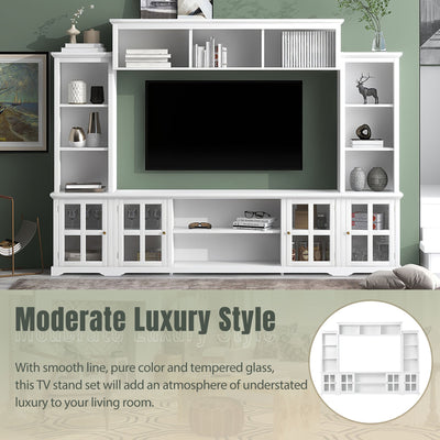 [VIDEO provided] ON-TREND Minimalism Entertainment Wall Unit with Bridge, Modern TV Console Table for TVs Up to 70', Multifunctional TV Stand with Tempered Glass Door, White (Old SKU: SD000009AAK)
