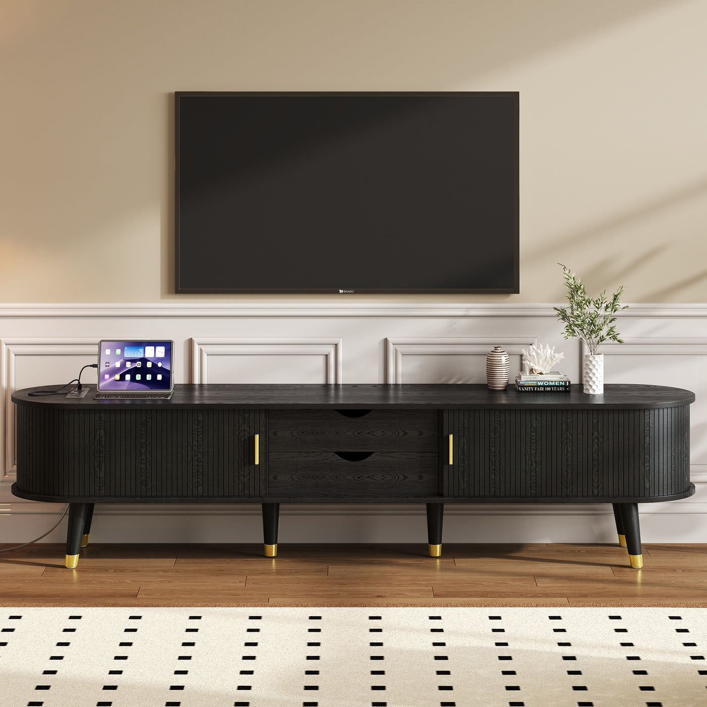 [Assembly Video]Wooden Oval Fluted TV Stand with Charging Station for TV up to 80', Mid-Century Media Console with Sliding Tambour Door, Farmhouse TV Cabinet with Golden Handle for Living Room, Black