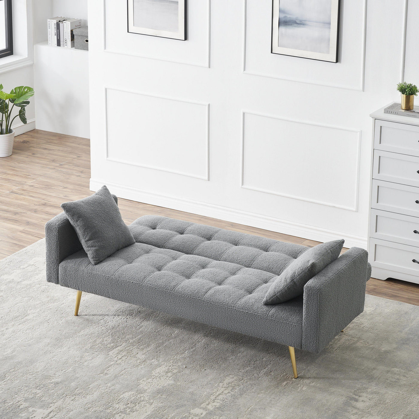 Contemporary Grey Teddy Fleece Sofa Bed with Two Throw Pillows and Metal Legs