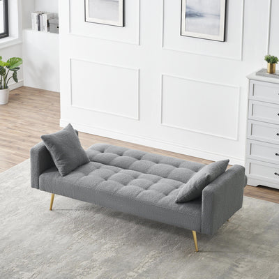 Contemporary Grey Teddy Fleece Sofa Bed with Two Throw Pillows and Metal Legs