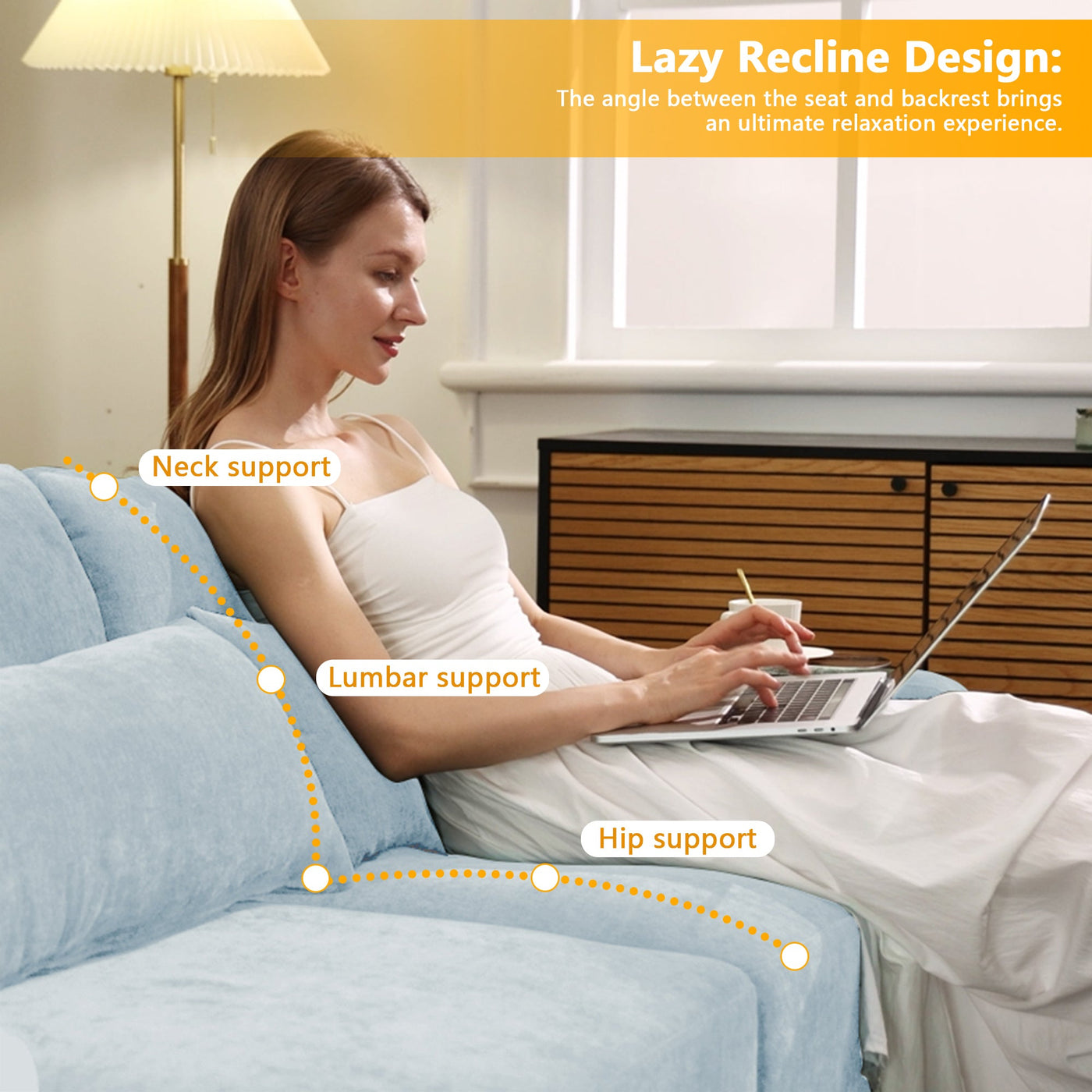 Stylish Four-Seater Sofa with Movable Ottoman in Sky Blue Chenille Fabric with Ergonomic Design