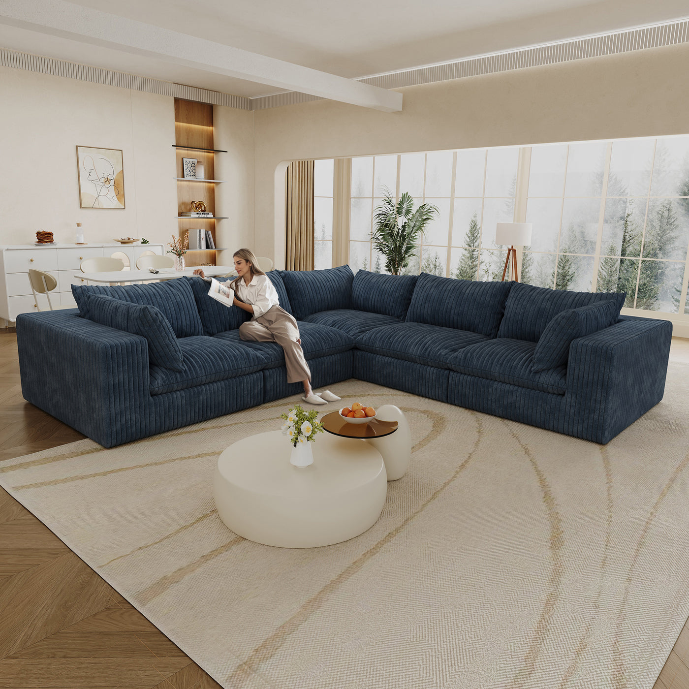 118.2' Cloud Sofa,Corduroy Fabric,Deep Seat Couches,Double-layer design,Removable Cushion,No Assembly, DIY Combination for Living room, Bedroom,Conference room ,Apartment,Blue