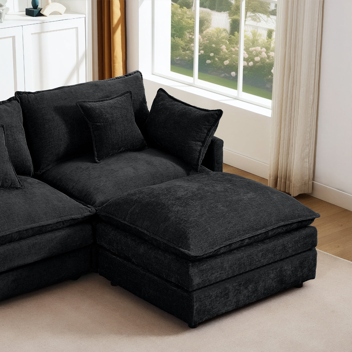 Modular Sectional Sofa, 105 Inch L Shaped Couch Set, Comfy Cloud Couches with Movable Ottoman, Black Chenille
