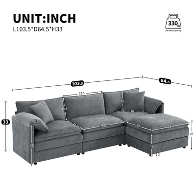 Chenille Modular Sectional Sofa with Deep and Wide Seat in Dark Gray, L Shaped Cloud Couch Set with Double Cushions, 4 Seat Sofa with Movable Ottoman