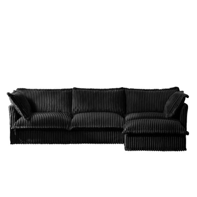 L-Shaped Slipcovered Sectional Sofa Couch, Comfy Deep Seat Cloud Couch with Convertible Ottoman & 2 Big Pillows, Modern Oversized 3 Seater Slipcovered Sofa Set for Living Room Office, Black Corduroy
