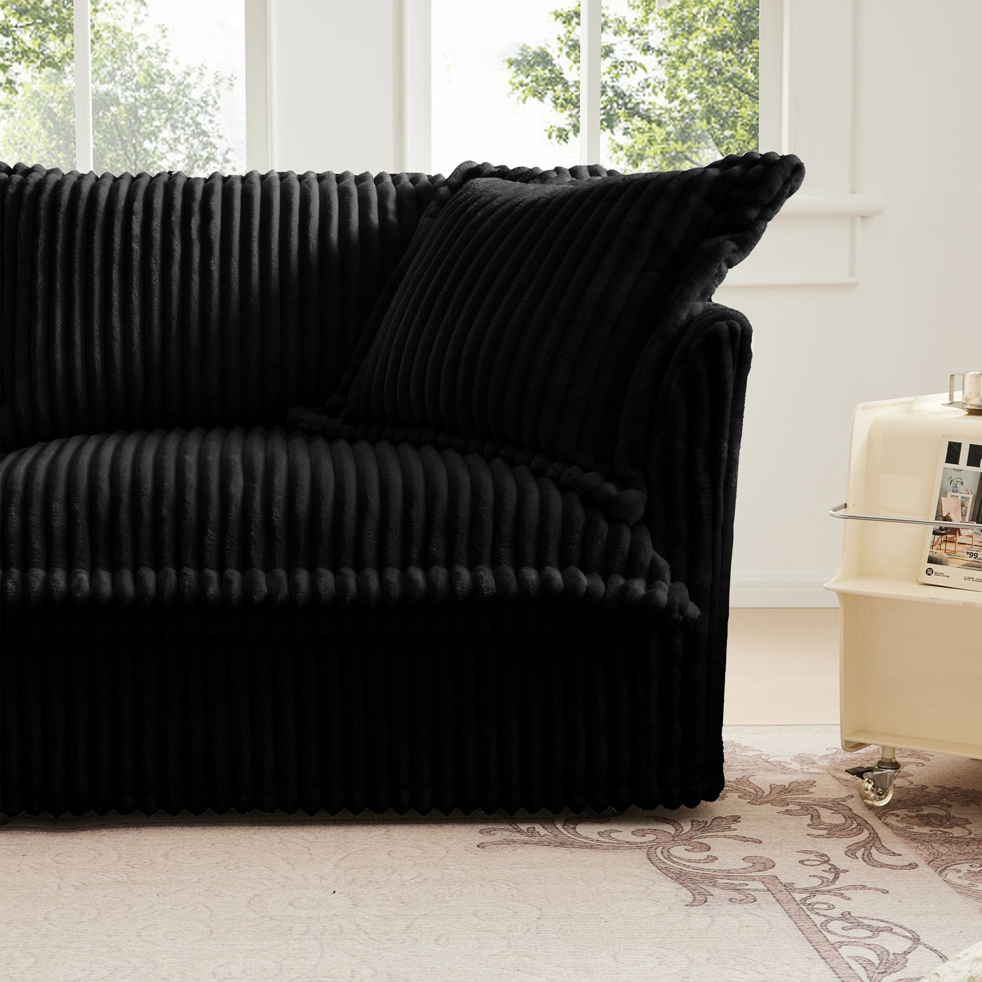 Slipcovered Long Sofa, 4 Seater Sofa with Removable Cover, Extra Deep Couch for Living Room, Corduroy Fabric Cloud Like Comfy Sofa Couch, Black Corduroy Fabric
