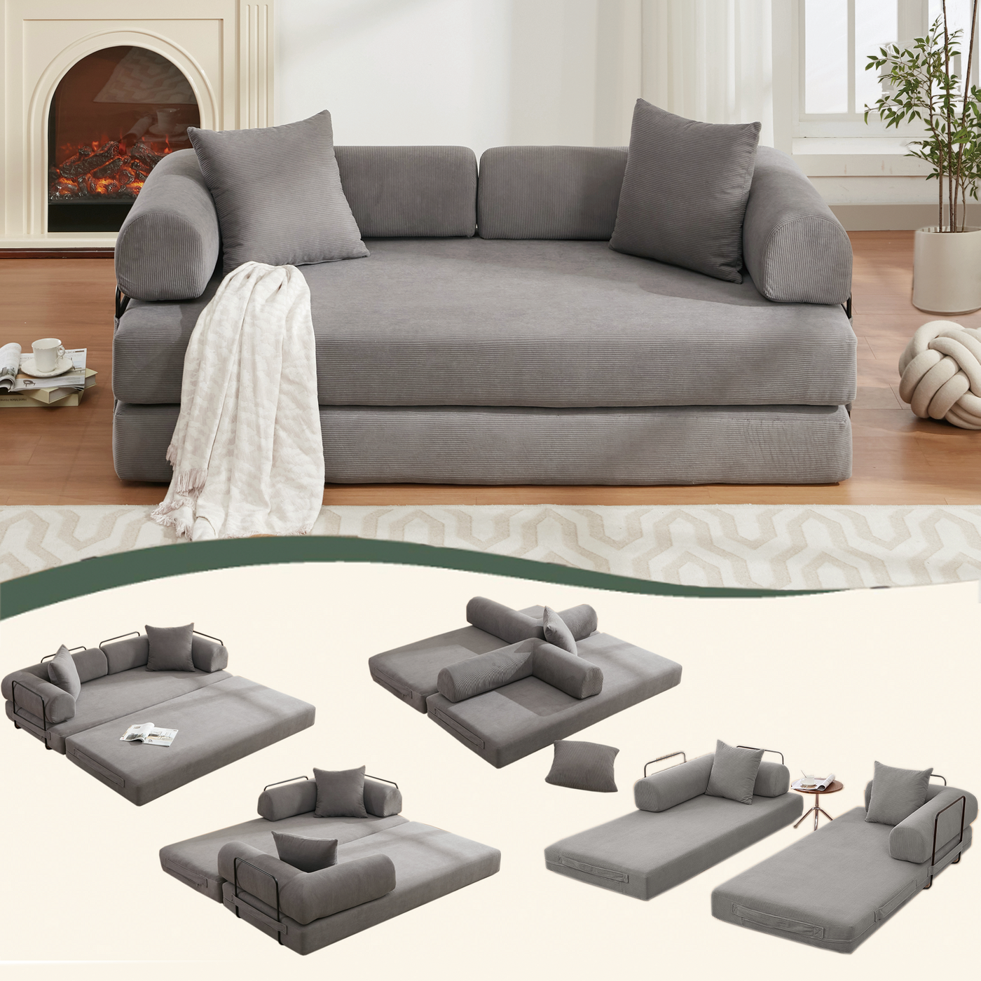 [NEW ARRIVED] [VIDEO PROVIDED] 78.5' Folding Convertible Out Sleeper Sofa Bed,4-in-1 DIY Combination Convertible Sofa,3 seat, Folding  Sofa, King Size , Bedroom,Apartment,Corduroy,Gray