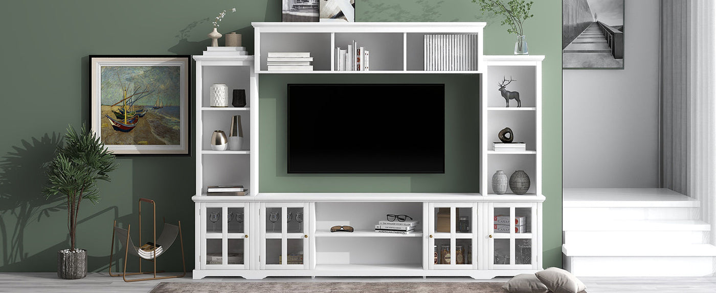 [VIDEO provided] ON-TREND Minimalism Entertainment Wall Unit with Bridge, Modern TV Console Table for TVs Up to 70', Multifunctional TV Stand with Tempered Glass Door, White (Old SKU: SD000009AAK)