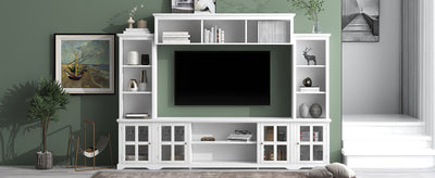[VIDEO provided] ON-TREND Minimalism Entertainment Wall Unit with Bridge, Modern TV Console Table for TVs Up to 70', Multifunctional TV Stand with Tempered Glass Door, White (Old SKU: SD000009AAK)