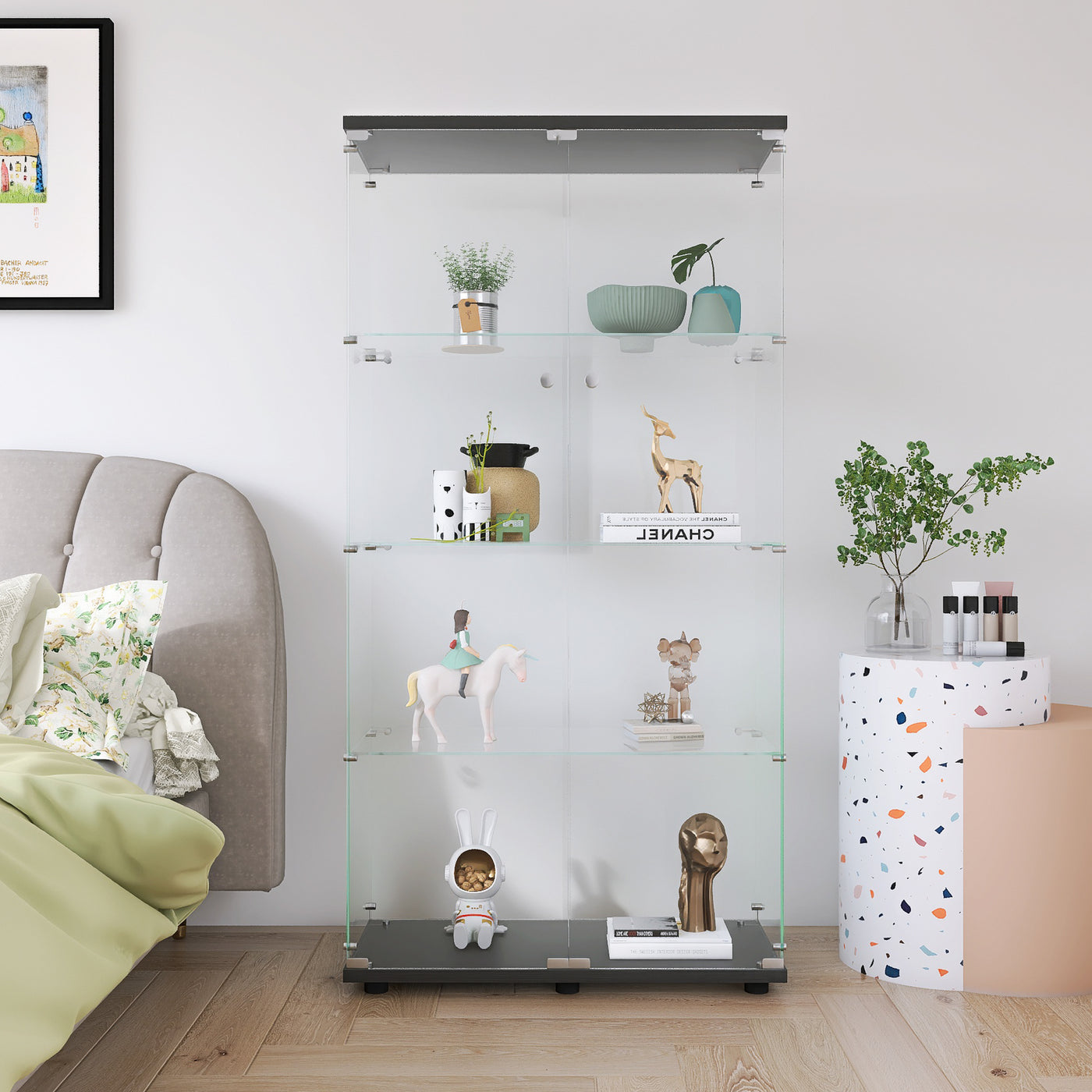 Two-door Glass Display Cabinet 4 Shelves with Door, Floor Standing Curio Bookshelf for Living Room Bedroom Office,  64.7'*31.7'*14.3',Black