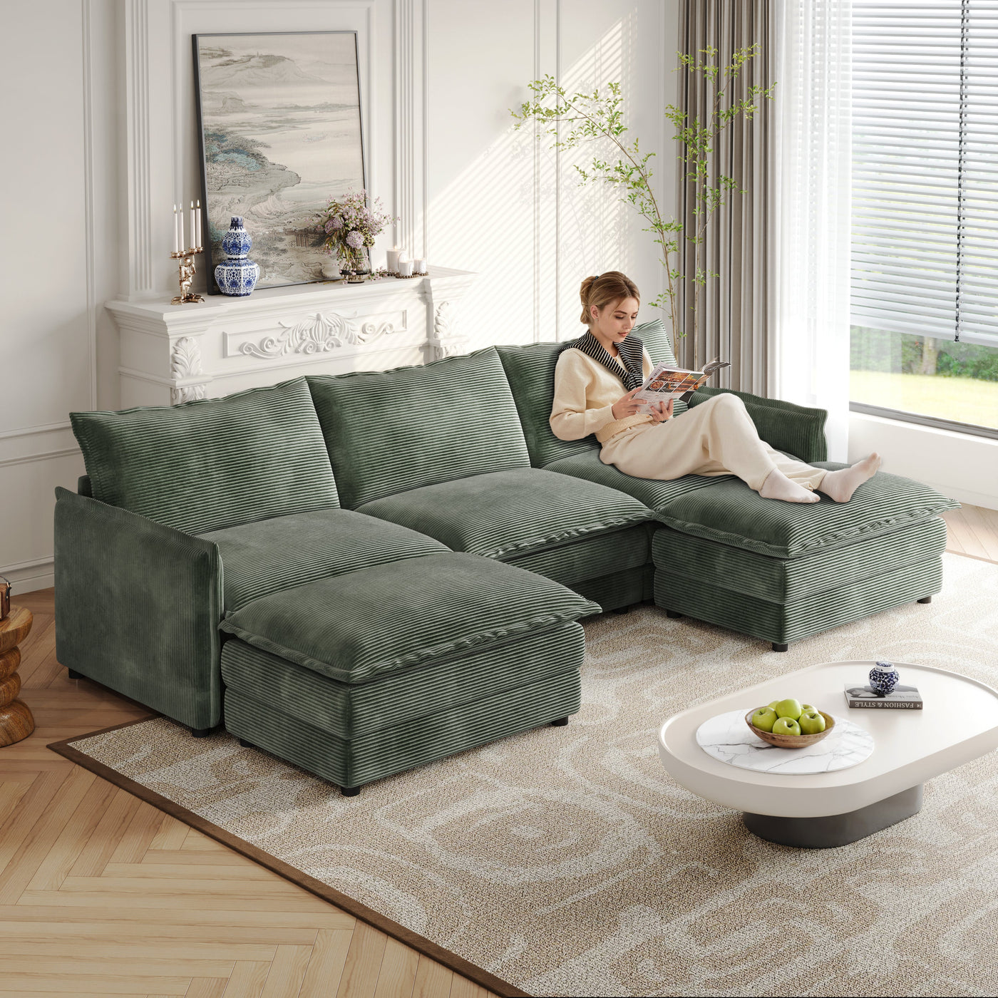 Corduroy Fabric 3-Seater Comfy Cloud Couch with 2 Movable Footrest for Living Room,Oversized Deep Seat U Shaped Couch Set, Upholstered Large Size Deep Seat 2-Seat Sofa with 3 cushions